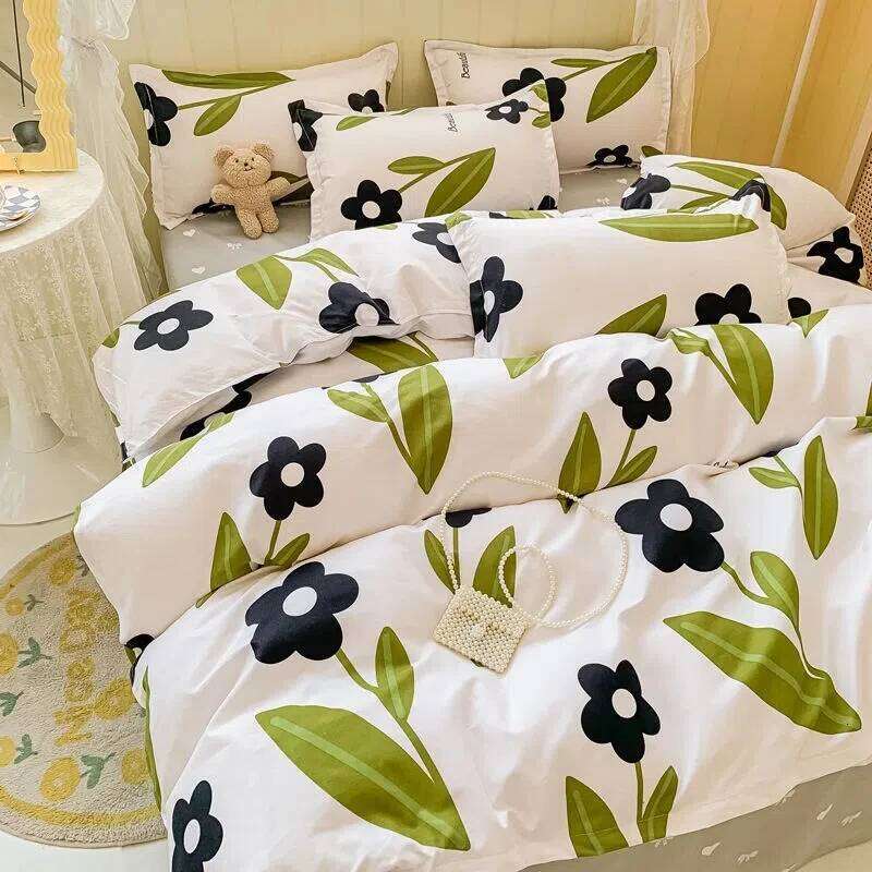 Nordic Style Blended Household Bed Sheet Pillowcase Skin-friendly Printed Bedding Four-piece Set Invisible Zipper Quilt Cover H260312