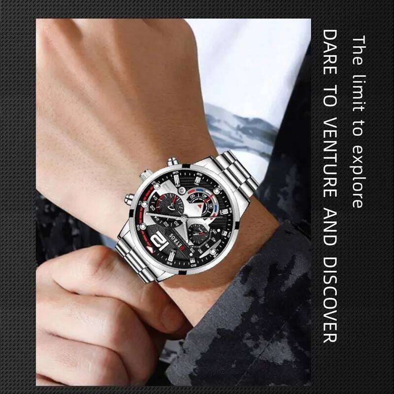5Pcs/Set Casual Fashion Men, Silver Stainless Steel Round Dial with Date Quartz Watch Set for Men