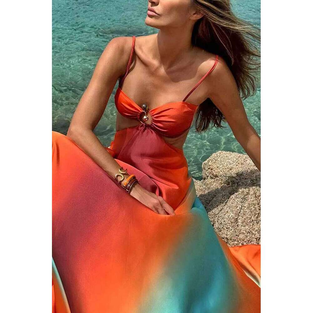 Sexy Gradient Hollow Out Maxi Dress Women Backless Sleeveless Sling Long Dresses 2025 Summer Vacation Boho Beach Satin Robes C260311