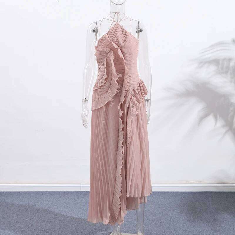 Gown Neck Strap Irregular Long Dress For Women Ruffle Sleeveless High Waist Backless Dresses 2025 New Summer Elegant Party Y2k C260312