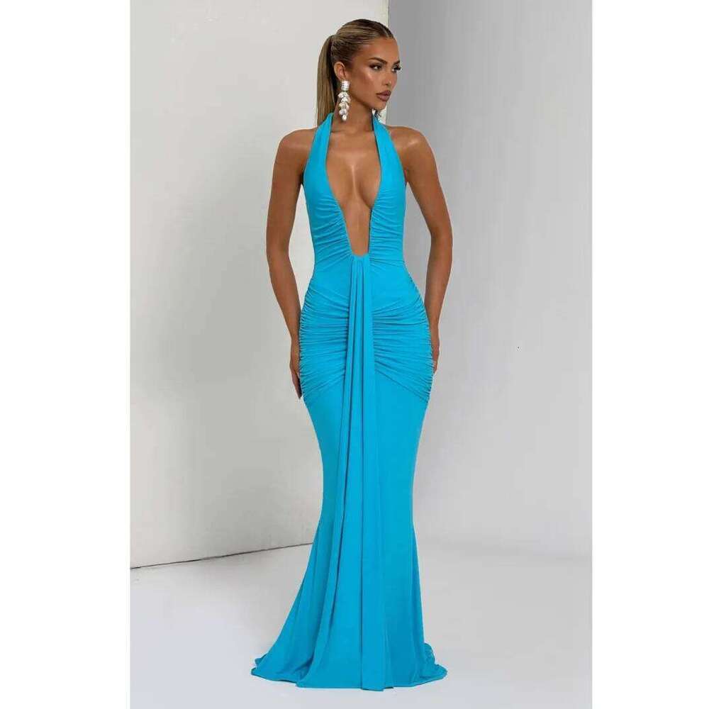 Deep V Neck Draped Ruched Sexy Maxi Women Summer Fashion Halter Sleeveless Backless Club Party Long Dress Elegant BM98 C260312