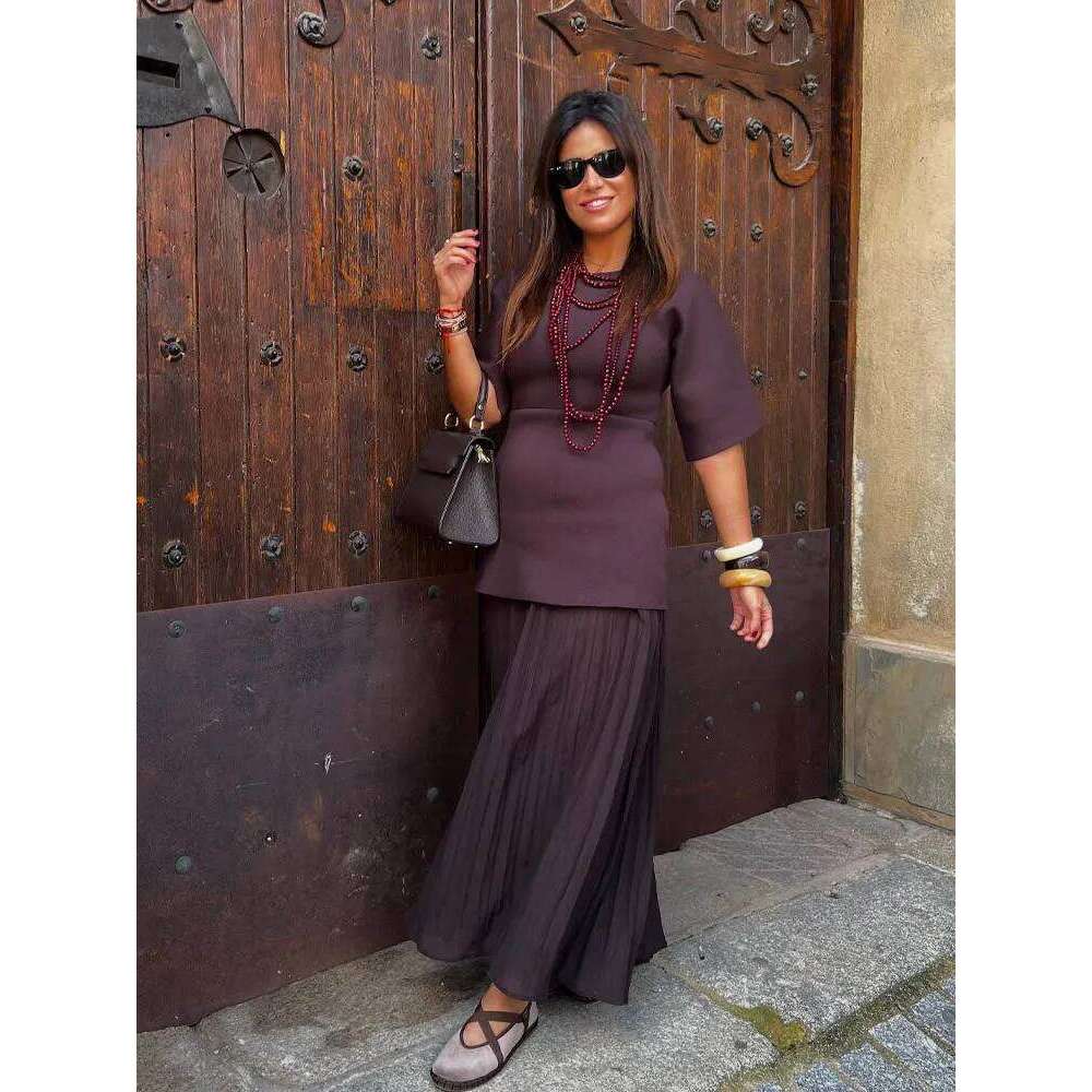 HH Women Elegant Half Sleeves O-Collar Pleated Spring Woman Rear Zipper Splicing Vintage Casual Knitted Long Dress C260312