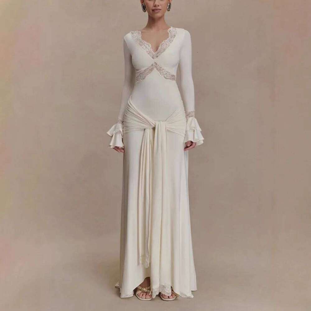 2025 Autumn Sleeve Sexy Maxi For Women Fashion Lace Patchwork V Neck Backless Draped Ruched Club Party Long Dress C260312