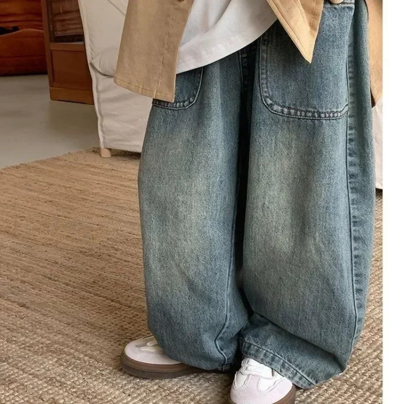 Childrens Denim Pants Spring Summer Girls Wideleg 27Year Boys Jeans Casual Big Pocket Trousers for Kids 260311