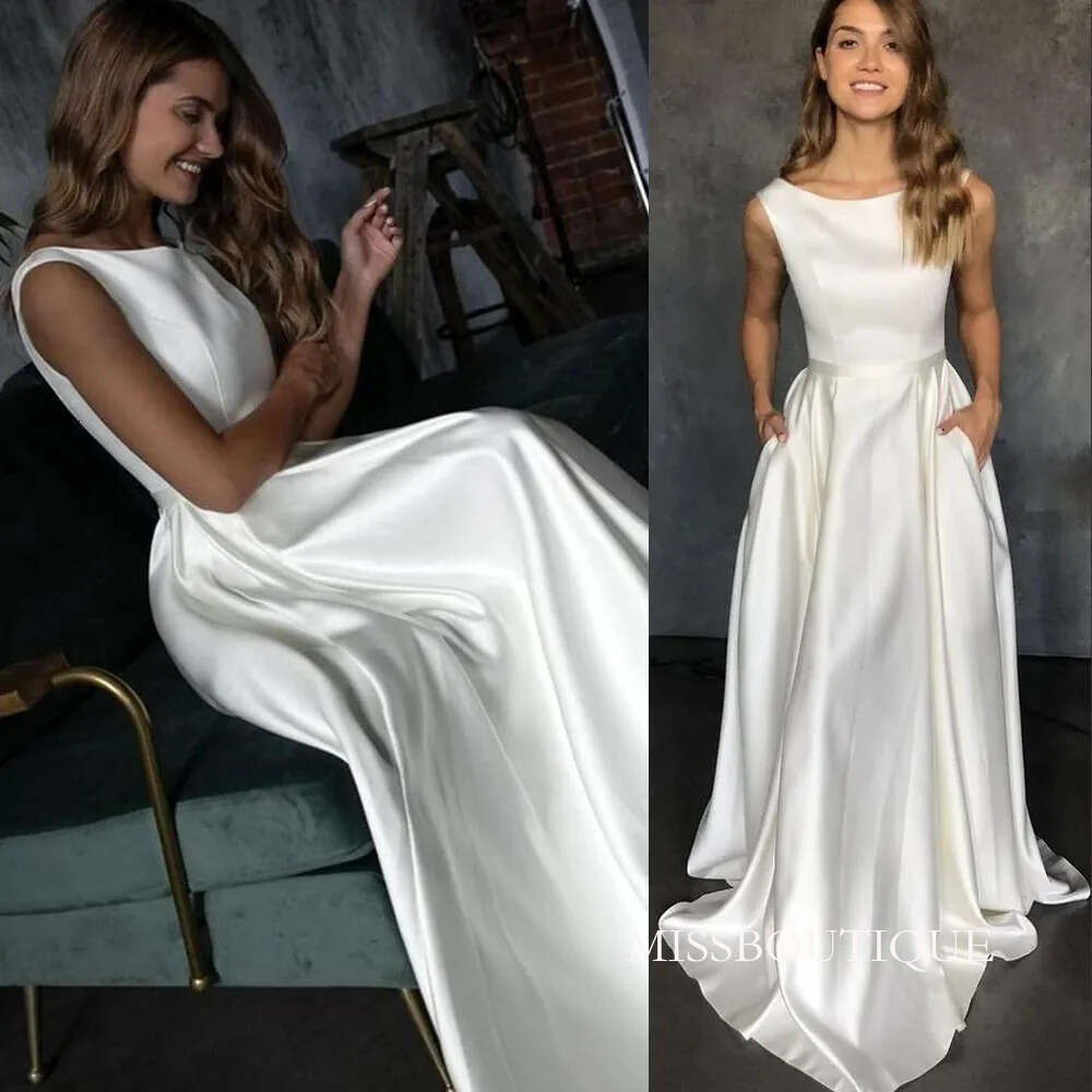 Simple New Satin A Line Wedding Dresses With Pocket Elegant Sleeveless O Neck Floor Length Bridal Gowns Bride Dress Cheap Customized 403 B0312