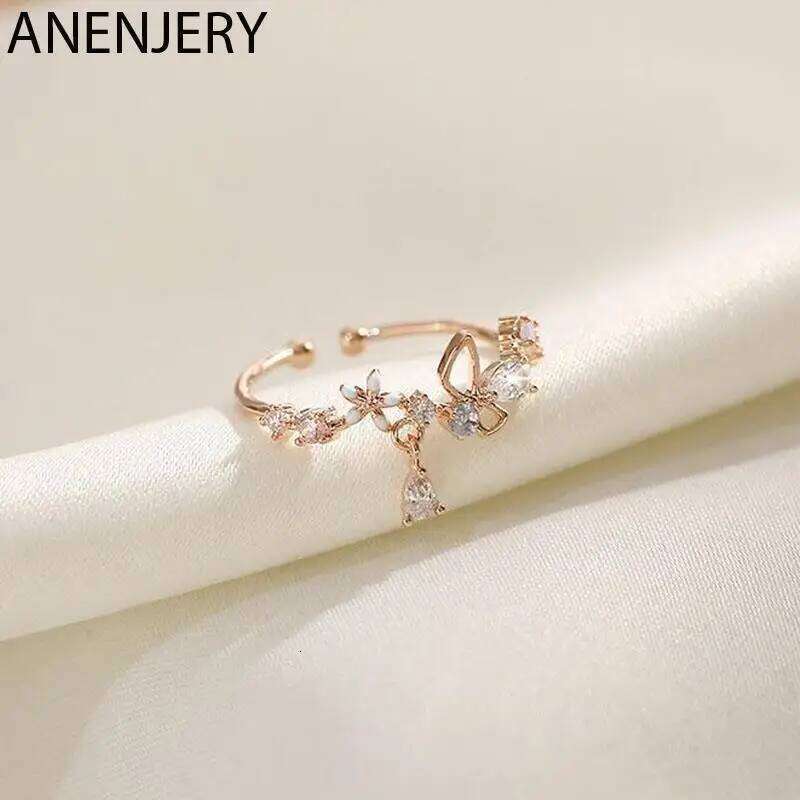ANENJERY Zircon Flowers Bowkont Adjustable Ring For Women Simple Beautiful Princess Accessories Gift H260312