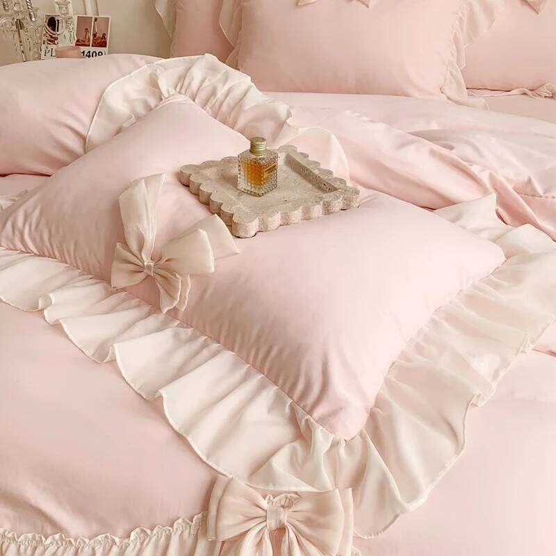 Chiffon Lace Bedding Set Pink France Romantic Princess Wedding Ruffles Bow Soft Duvet Cover Bed Sheet Pillowcases Home Textile H260312