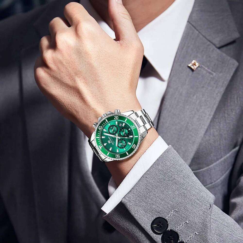 VA VOOM Brand Top 1Pc Multifunctional Fashionable Dial Green Gold Stainless Steel 3Bar Timing Watch for Men