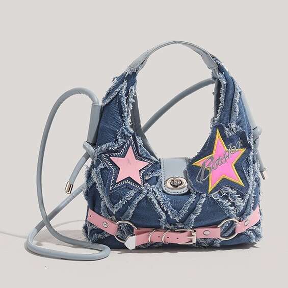CHARHP&KEJNT Genuine 2026 New Hot Girl Pink Five-Pointed Star Patch Design Frayed Edge Denim Crossbody Bag