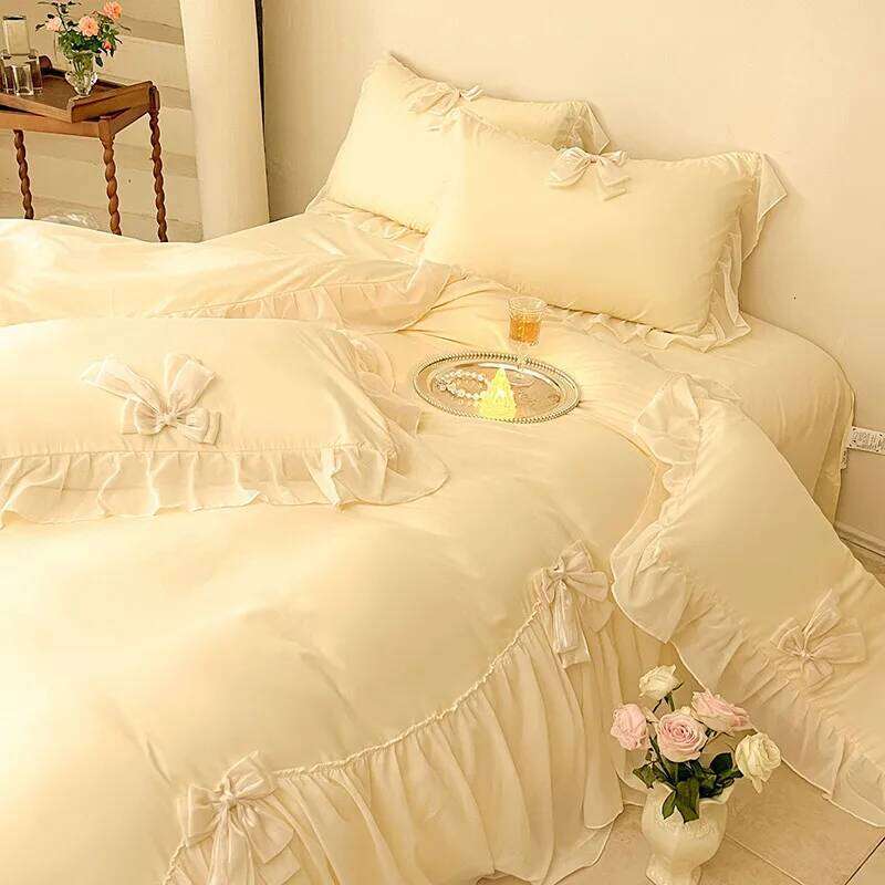 Chic Ruffle Lace Edge Sweet Princess Style Nature Soft Skin Friendly 4pcs Bedding set Bed Sheet Pillowcases Twin Queen King H260312