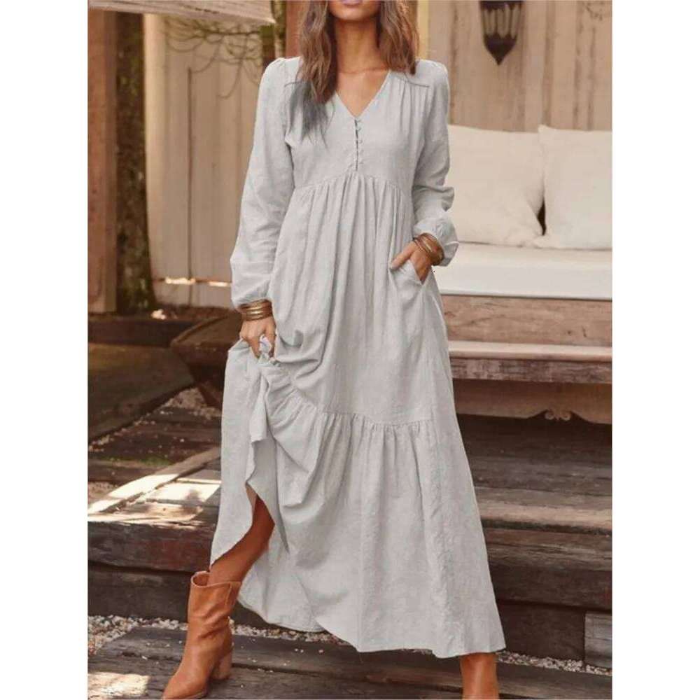 New Autumn Winter Women's Retro Fashion V-neck Button Long-sleeved Casual Wide Swing Cotton Long Dress C260312