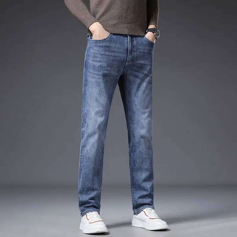 Korean Fashion Men's Soft Stretch Slim Fit Jeans Business Casual Straight Denim Pants Classic Brand Washed Blue Gray Trousers 26Y0312