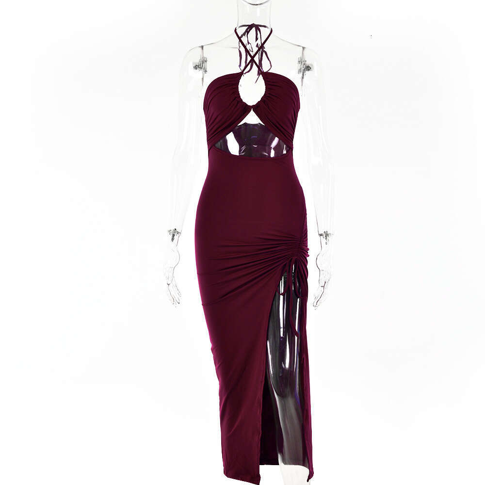 European and American Style Spring New Sexy Hot Girl High Slit Ruched Halter Neck Elegant Chest-Enhancing Long Dress