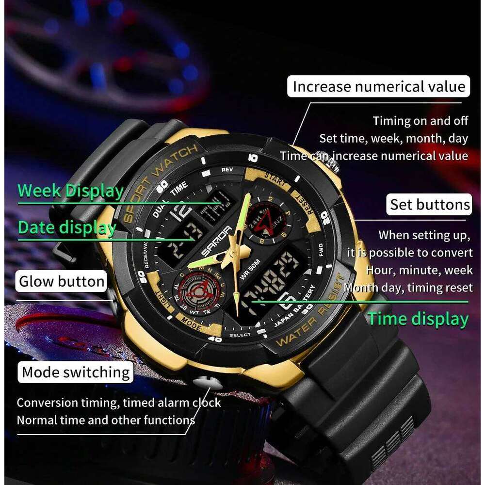 SANDA Top 6197 Korean Student Electronic Watch Sports Multi functional Alarm Clock Waterproof Men's Watches 2025