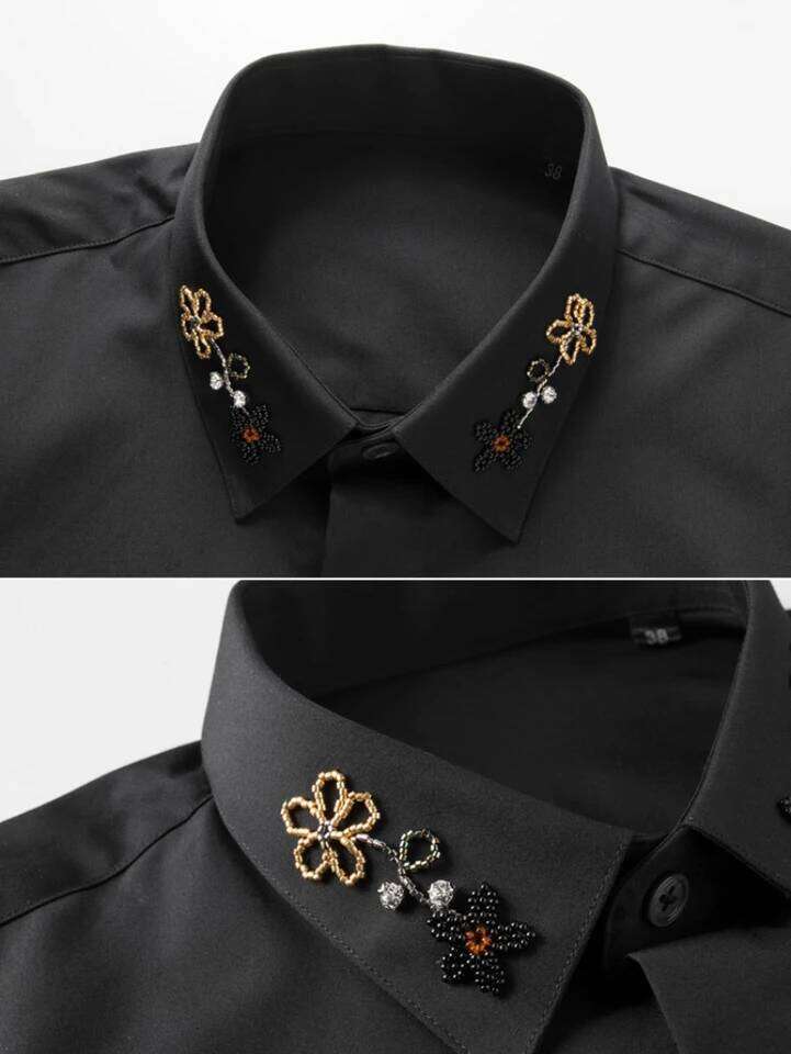 Handmade Beaded For Men Long Sleeve Business Social Dress Shirt High-Quality Cotton Casual Star Stage Performance Costume