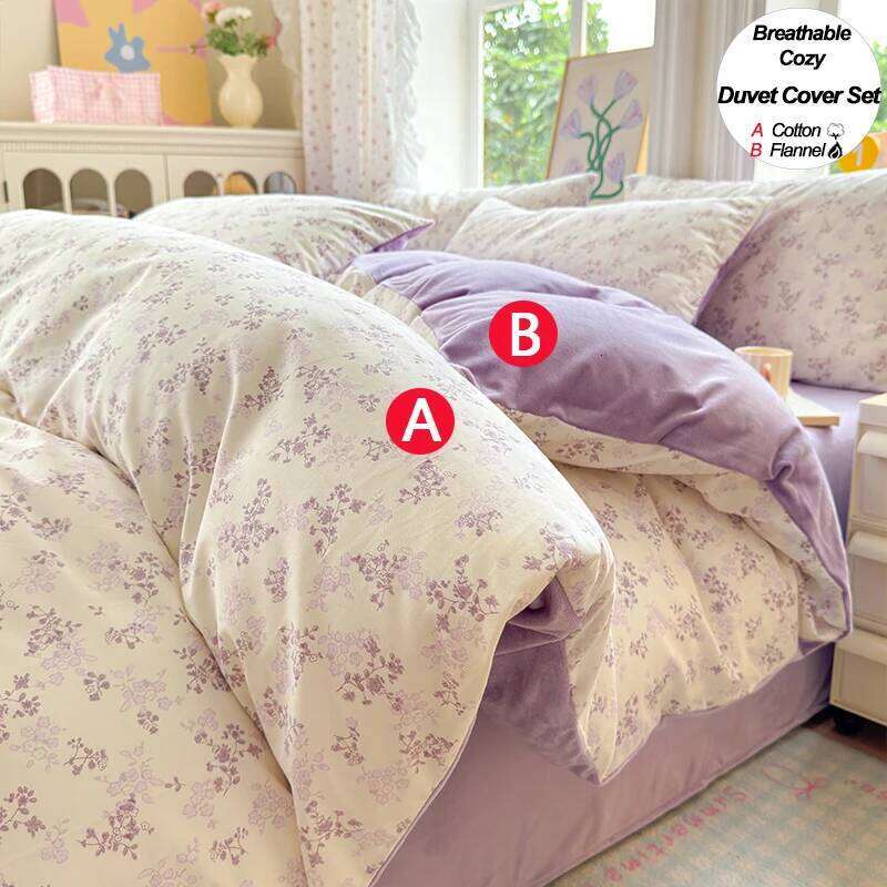 Premium Bedding Set :1 Duvet Cover Cotton A-Side,Flannel B-Side + 2 Pillowcases, Super Soft Breathable H260312
