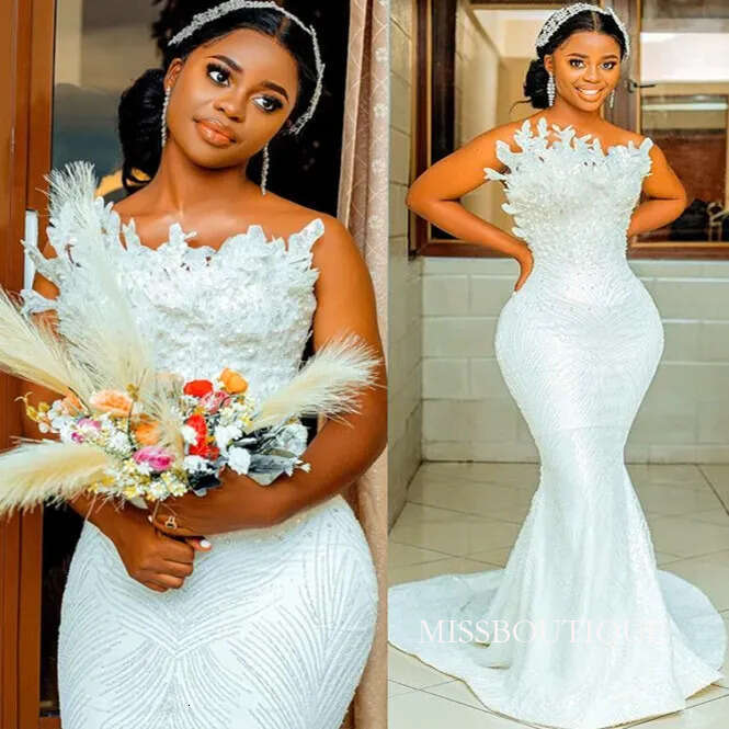 2023 Mermaid Wedding Dresses Bridal Gown Beading Strapless Lace Applique Sweep Train Custom Made Beach Satin Plus Size Vestido De Novia 403 B0312