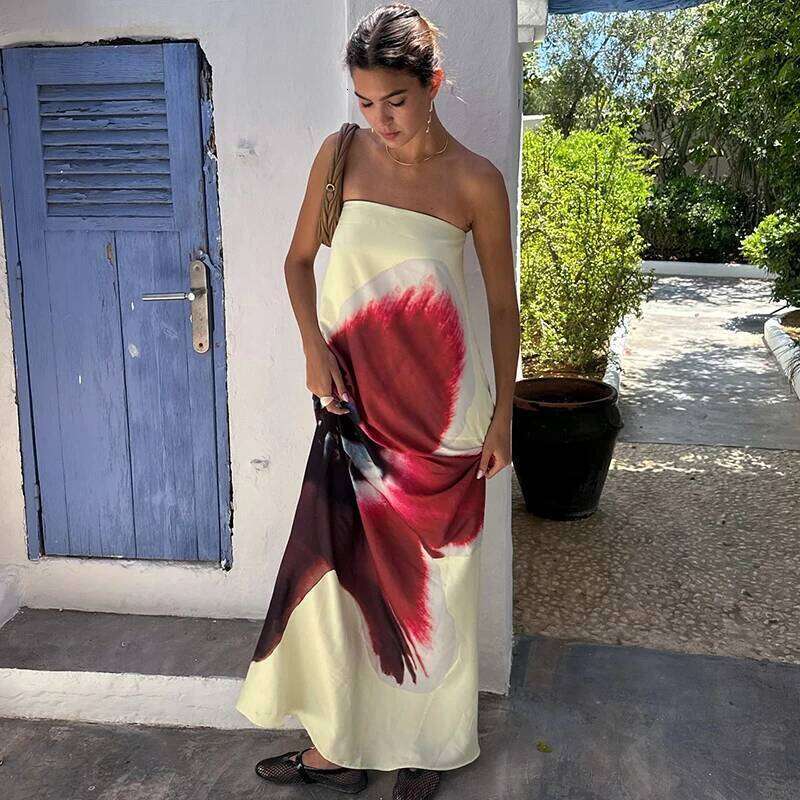 CUTENOVA Sexy Strapless Print Floral Belt Women Maixi Dress Yellow Backless High Waist Dresses Summer Holiday Elegant Beachwear C260312