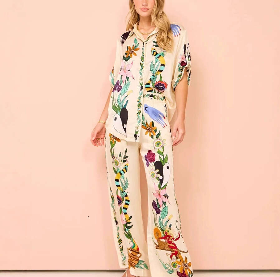 2026 new niche fashion personalized baking paint printed acetate satin shirt wide leg long a21 skirt set