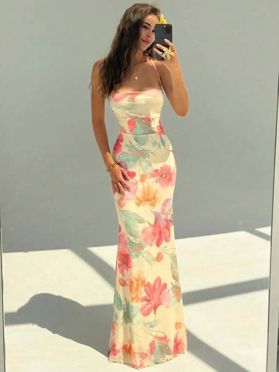 Women's Floral Print Backless Wrap Dress with Crisscross Straps, Summer Beach Resort Wear dongdumaoyi