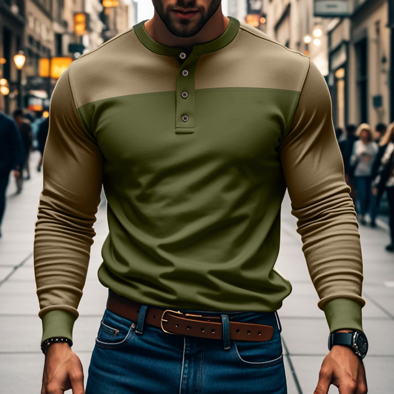Independent Website Designer Shirt Men's Autumn New Casual Retro Long-sleeve T-shirt Designer Hoodie With Polo Color Block And Henley Collar Men's Base Shirt