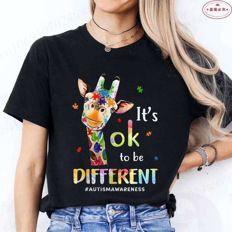 Its Okay To Be Different Giraffe T-Shirt for Women Autism Awareness Acceptance Summer Short Sleeve Tees Graphic Y2k Tops Z260312