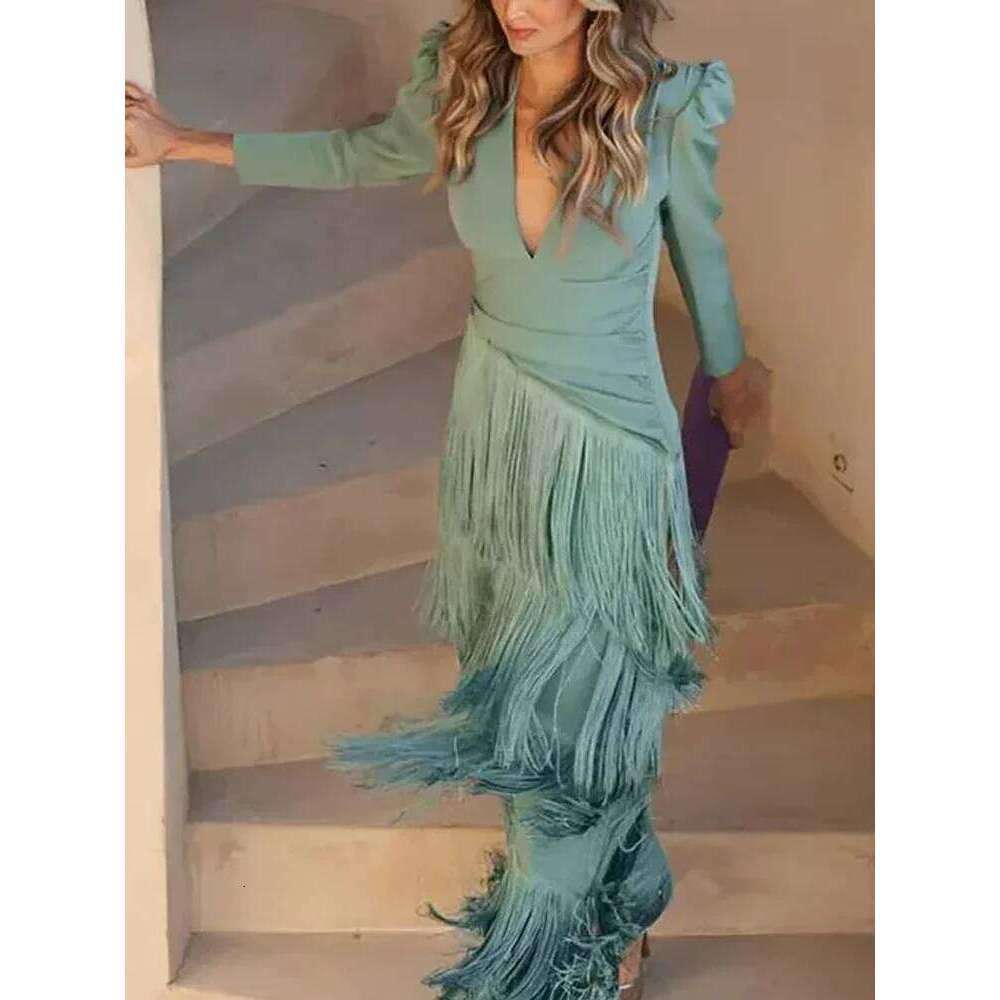 French Elegant Deep V Neck Slim Prom Dresses 2025 Spring Solid Spliced Tassel Woman Long Sleeve New Autumn Maxi Dress C260312