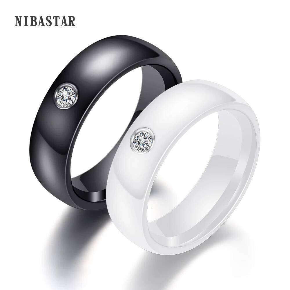 New Arrival Black White Colorful Ceramic Women With Big Crystal Wedding Band Ring Width 6mm Size 6-10 Gift For Men H260312