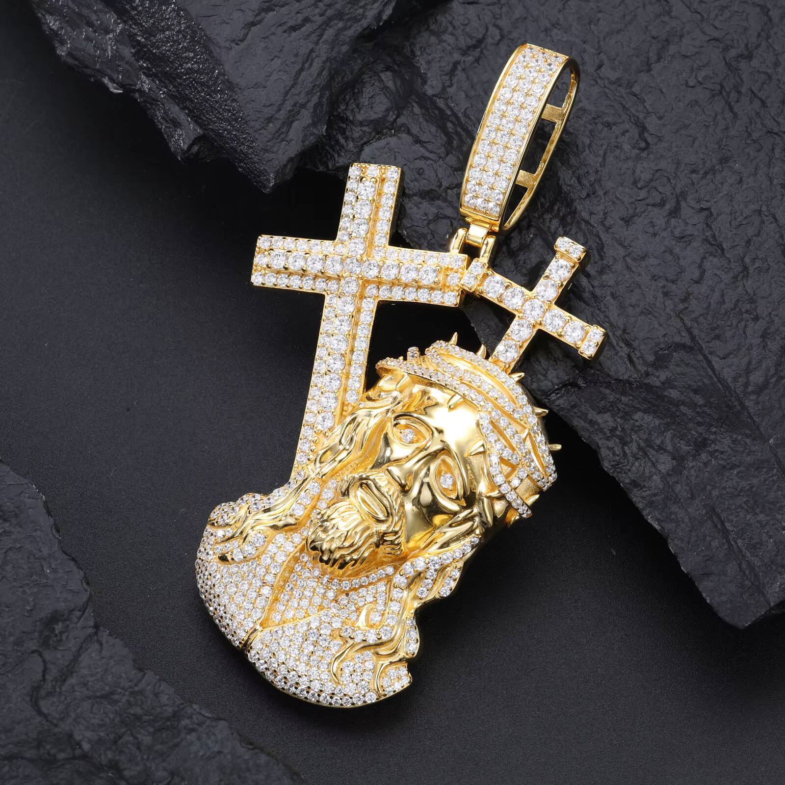 Religious Hip Hop Jewelry Men 925 Sterling Silver Vvs Moissanite Diamond Iced Out Jesus Head Pendant With Cross