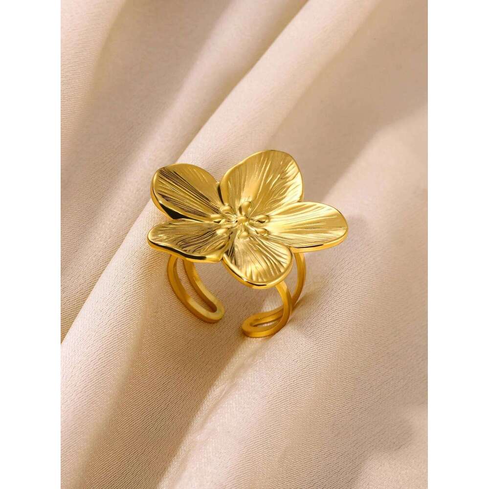 Vintage Large Flower Open Rings For Women Men Gold Color Stainless Steel Bud Ring Wedding Fashion Jewelry Accessories Gift H260312