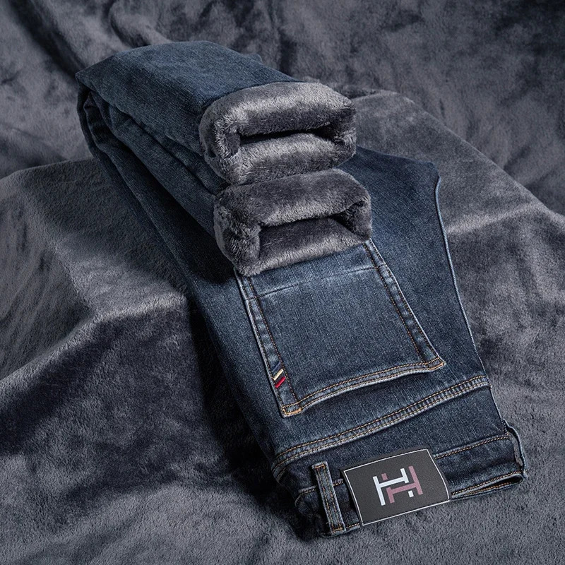 Winter Mens Fleece Jeans Straight Slim Stretch Fashion Business Denim Pants Thickened Warm Male Plush Trousers Clothes 260228