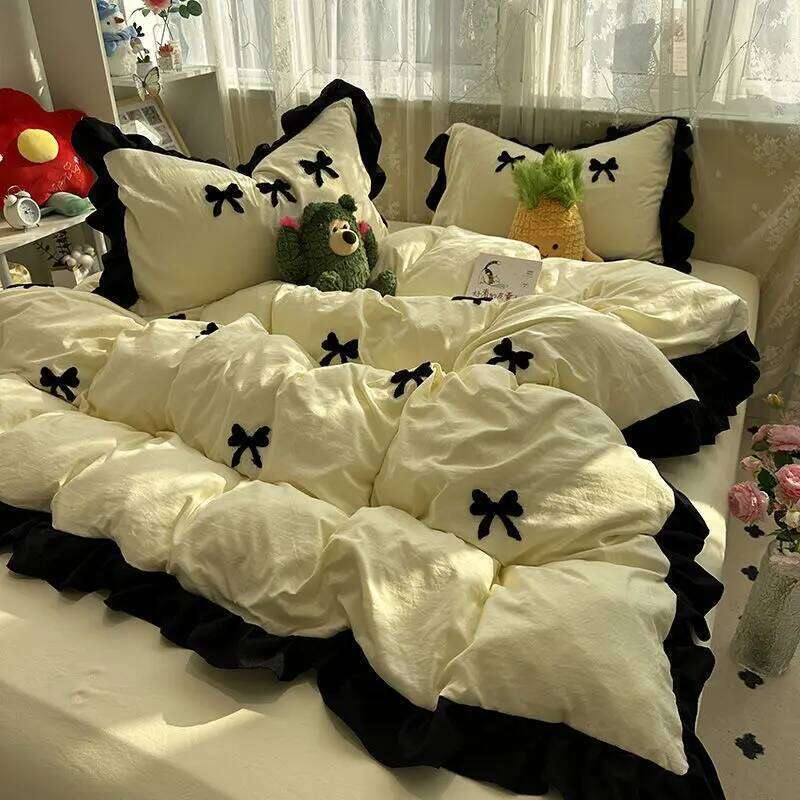 Ins Pink Bow Bedding Ruffles Duvet Cover Flat Sheet Women Girls Princess Bed Linen Set Single Twin Queen Bedclothes H260312