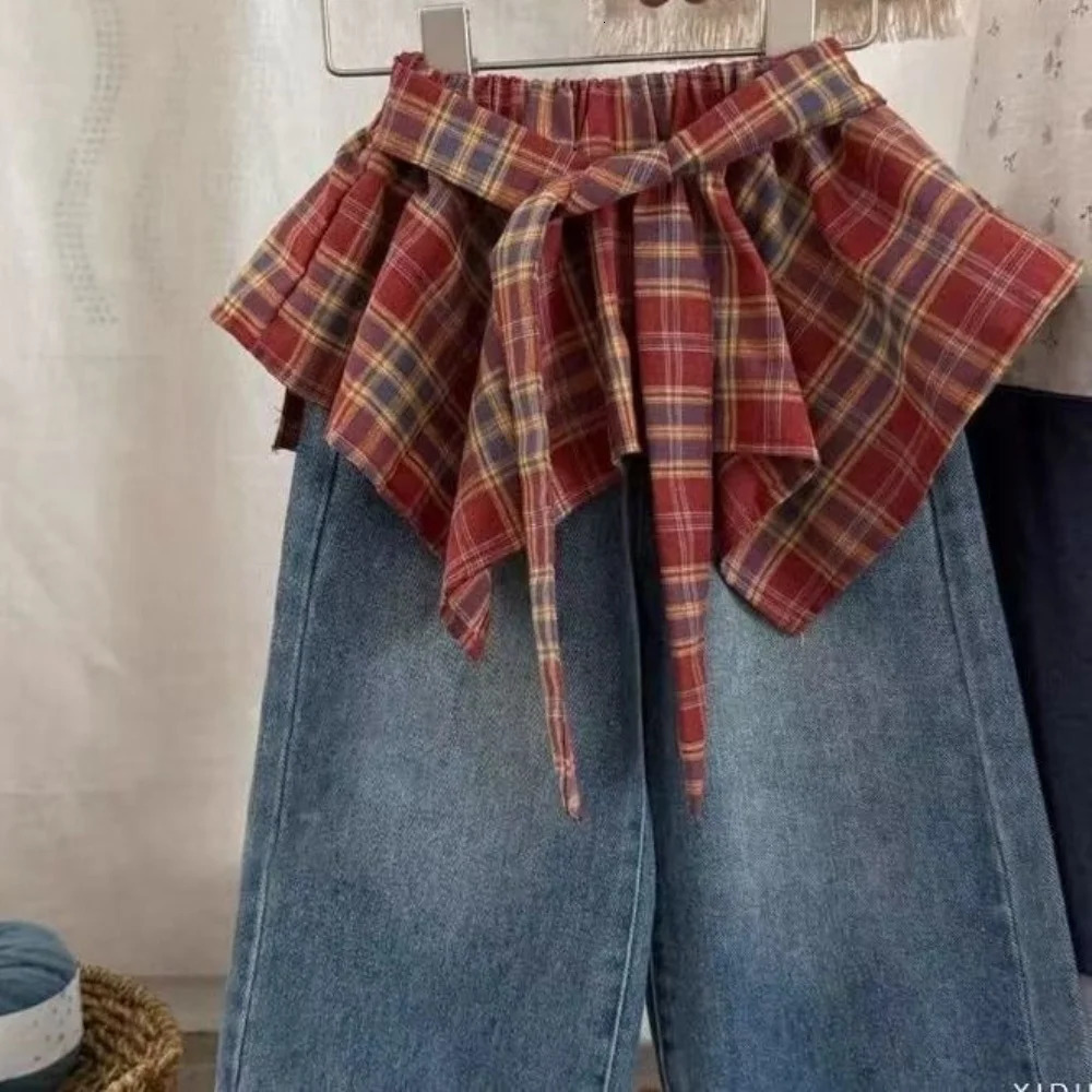 Girls Pants Stylish Little Girl Super Goodlooking Retro Red Checkered Lace Up Fart Curtain Denim Skirt 260311