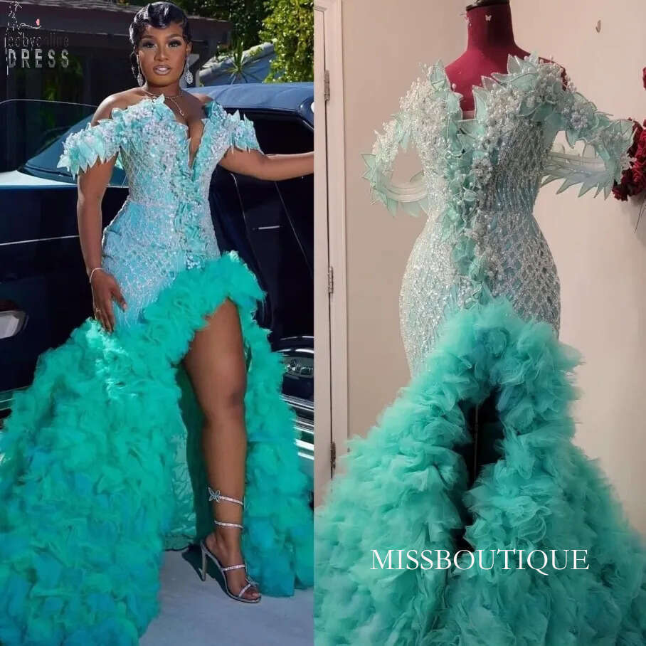 Mermaid Prom Dresses 2026 Light Sky Blue Pearls Flowers Tiers Organza Evening Formal Party Second Birthday Engagement Gowns For Special Occasions 4F07