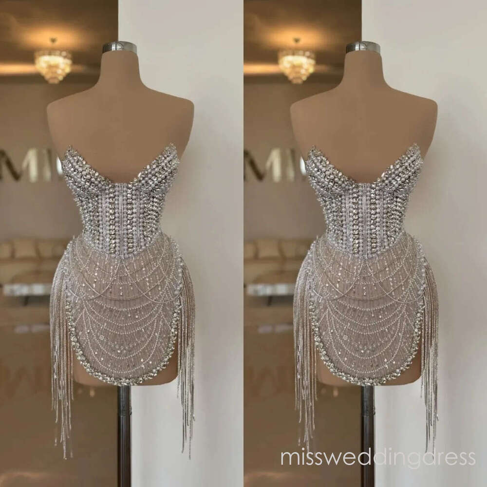 Luxury Cocktail Dresses Pearls Sequins Mini Short Evening Prom Gowns Illusion Strapless Tassel Custom Made Sleeveless Graduation Ball Club Party Dress