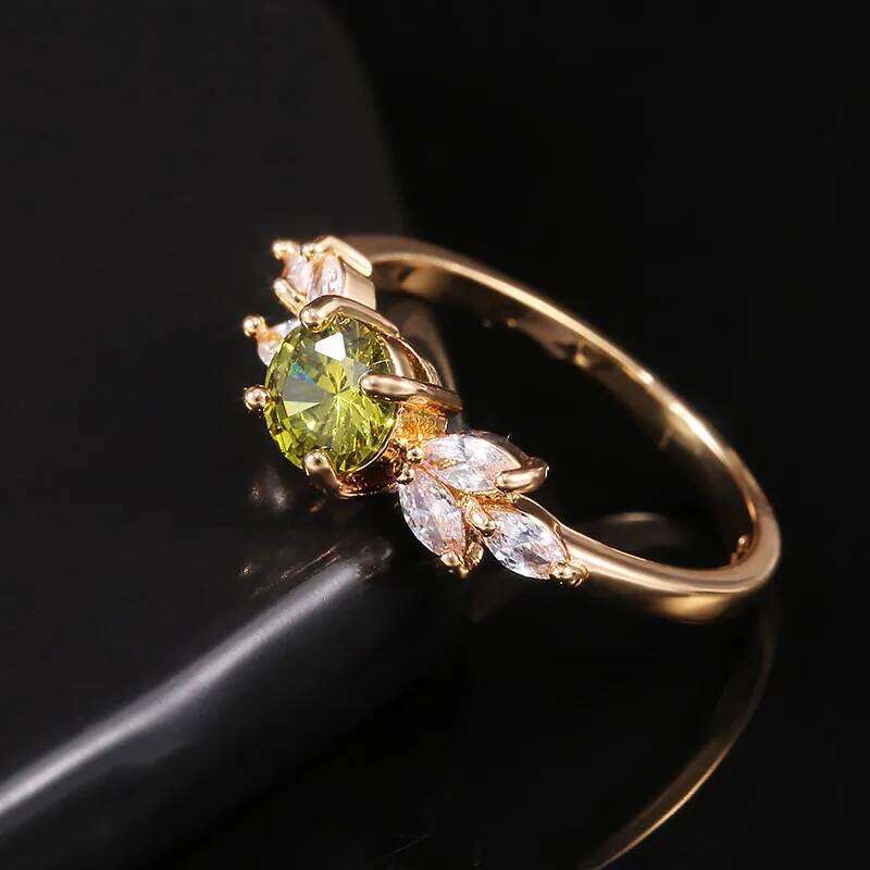 Huitan Delicate Women Wedding Ring Olive Green Round Zircon with Leave Shape Elegant Gold Color Girl Gift Rings Trendy Jewelry H260312