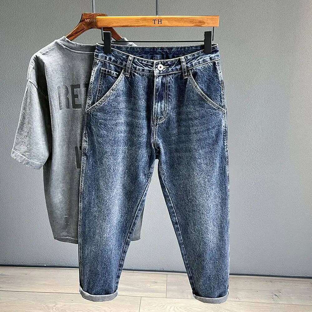 Korean Vintage Loose Tapered Men's Jeans Fashion High Street Drape Harem Pants Youth Hip Hop Streetwear Male Blue Denim Trousers 26Y0312