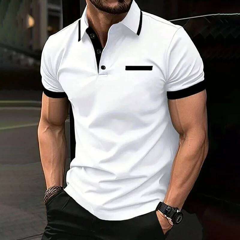 Spring Summer Men Clothes Short Sleeve Turn-down Collar Fake Pocket Print Business Casual Polo Shirt Resilient Tops 26H0312