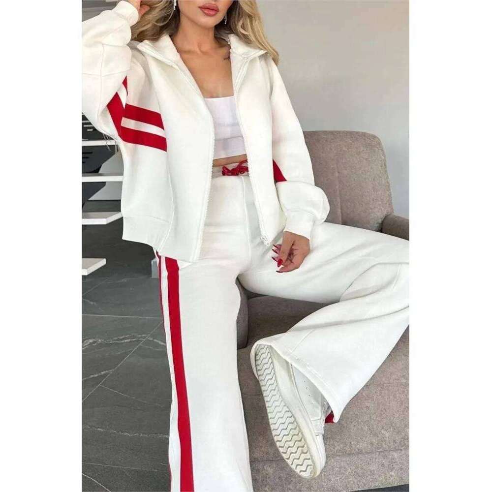 2025 Autumn Winter New Two-piece Set Women's Zipper Striped Loose Jacket Outwear And High Waist Side-striped Pants Sports Sets C260312