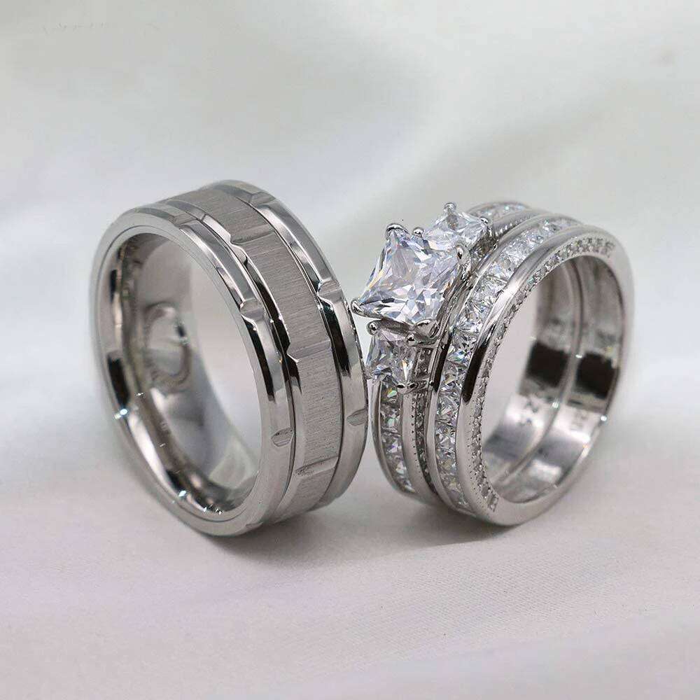 2023 Couple Women Exquisite Rhinestones Zirconia Rings Set Simple Stainless Steel Men Ring Fashion Jewelry For r Gifts H260312
