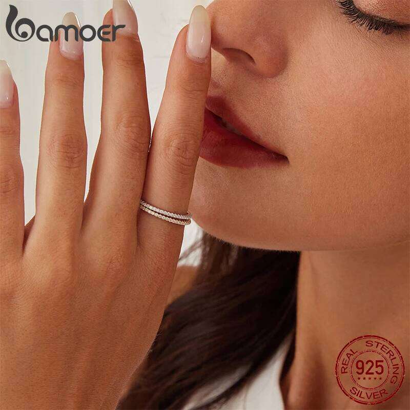 BAMOER 925 Sterling Silver 18K Gold Plated Finger Ring Full Zircons Paved for Women Dazzling Stacking Anillos Jewelry Party Gift H260312
