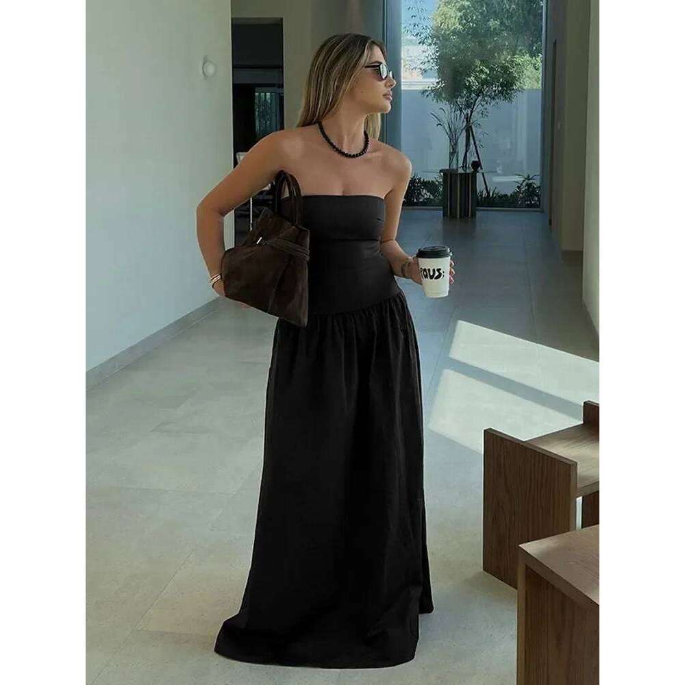 Elegant Women Solid Sleeveless Off Shoulder Maxi Dress Sexy Backless High Waist Pleated Dresses Chic Lady Club Party Robes C260312