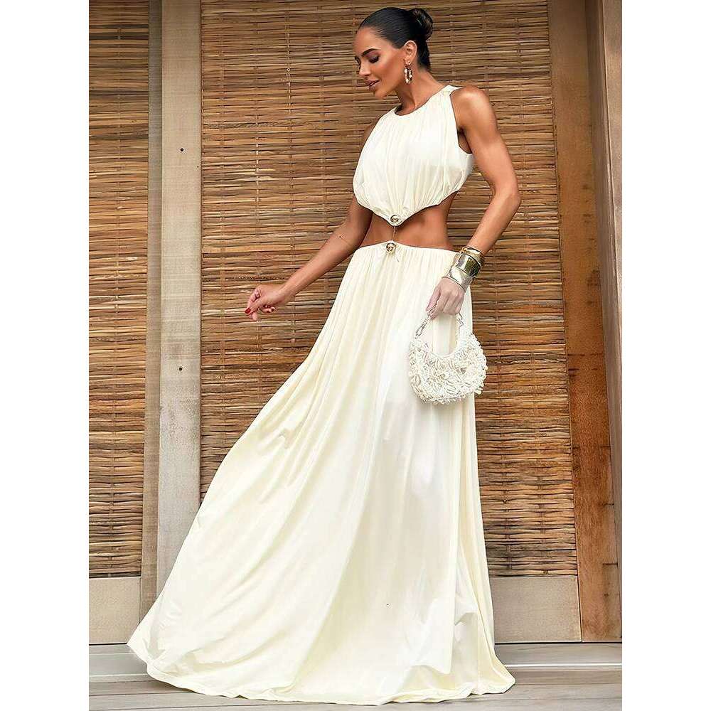 Nibber Sleeveless Waistless Maxi Dress Women o-Neck Metal Trim Skinny Elegant Summer Chic Hipster Prom Party Vacation Vestidos C260312