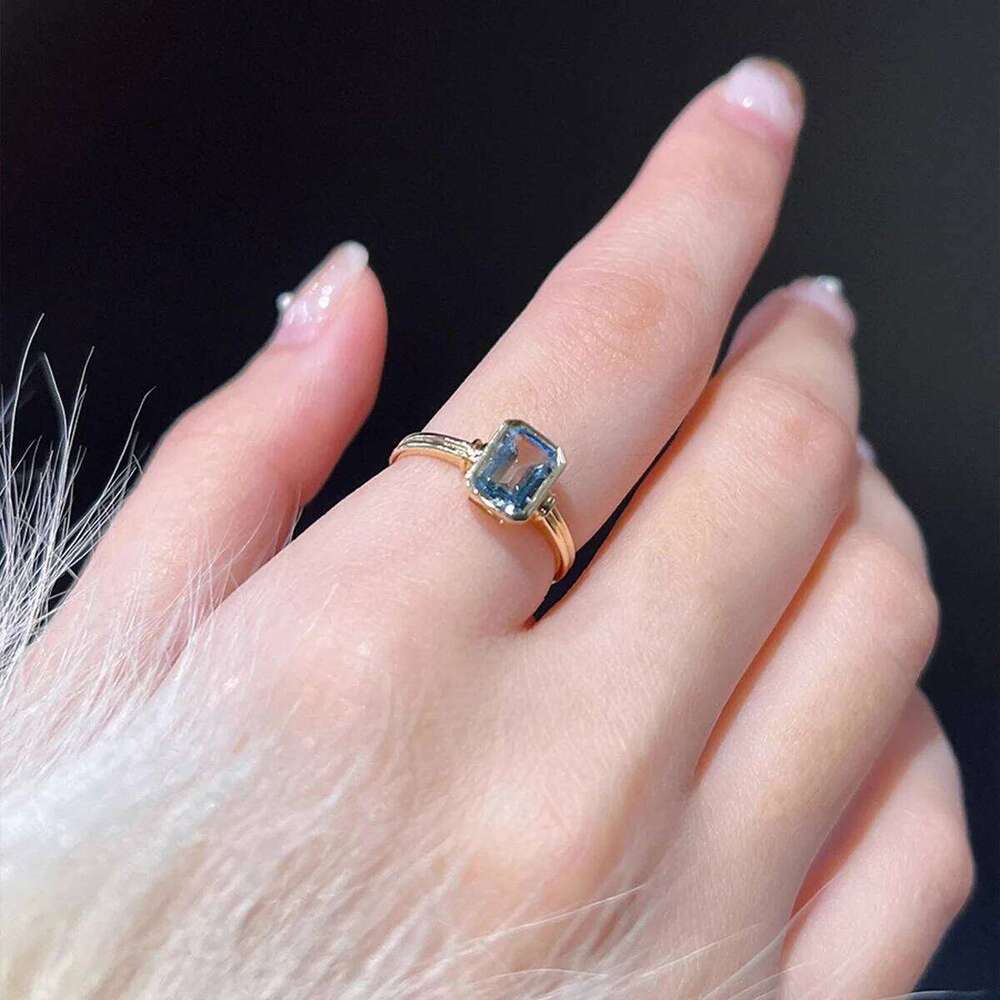 Refined S925 Sterling Silver Gold Plated Casual Aquamarine Ring Women Rectangular Material Easiest For Match H260312