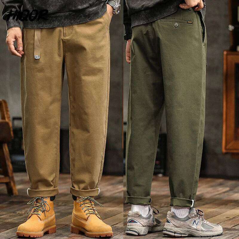 HIQOR High Quality Man Retro Cargo Pants Cotton Men's Casual Loose Fit Slimming Japanese Outdoor Workwear Khaki Long Trousers