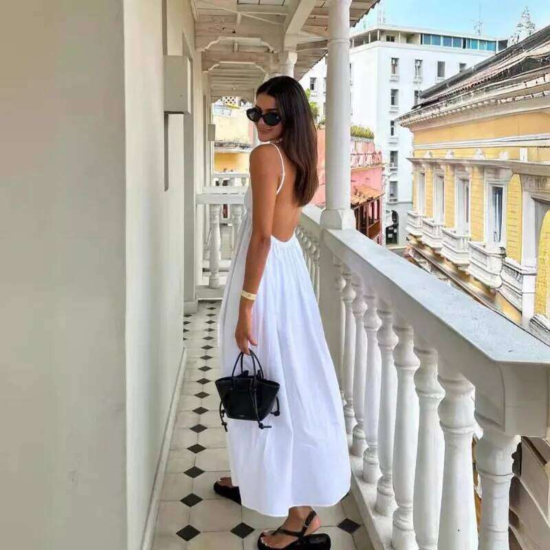 New Dresses 2025 Woman Fashion Summer Sexy Backless V-neck Skirt Holiday Solid Colours Top Clothing C260311