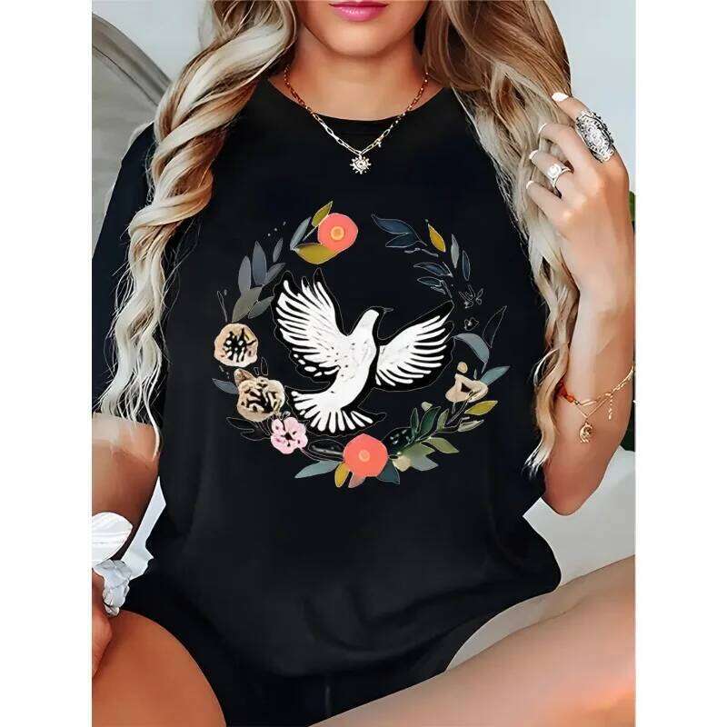 Ladies' Y2K Style T-shirt with Crazy Pigeon Pattern Print Loose Round Neck Summer Casual Top Daily Wear Fun Printed Shirt Z260312