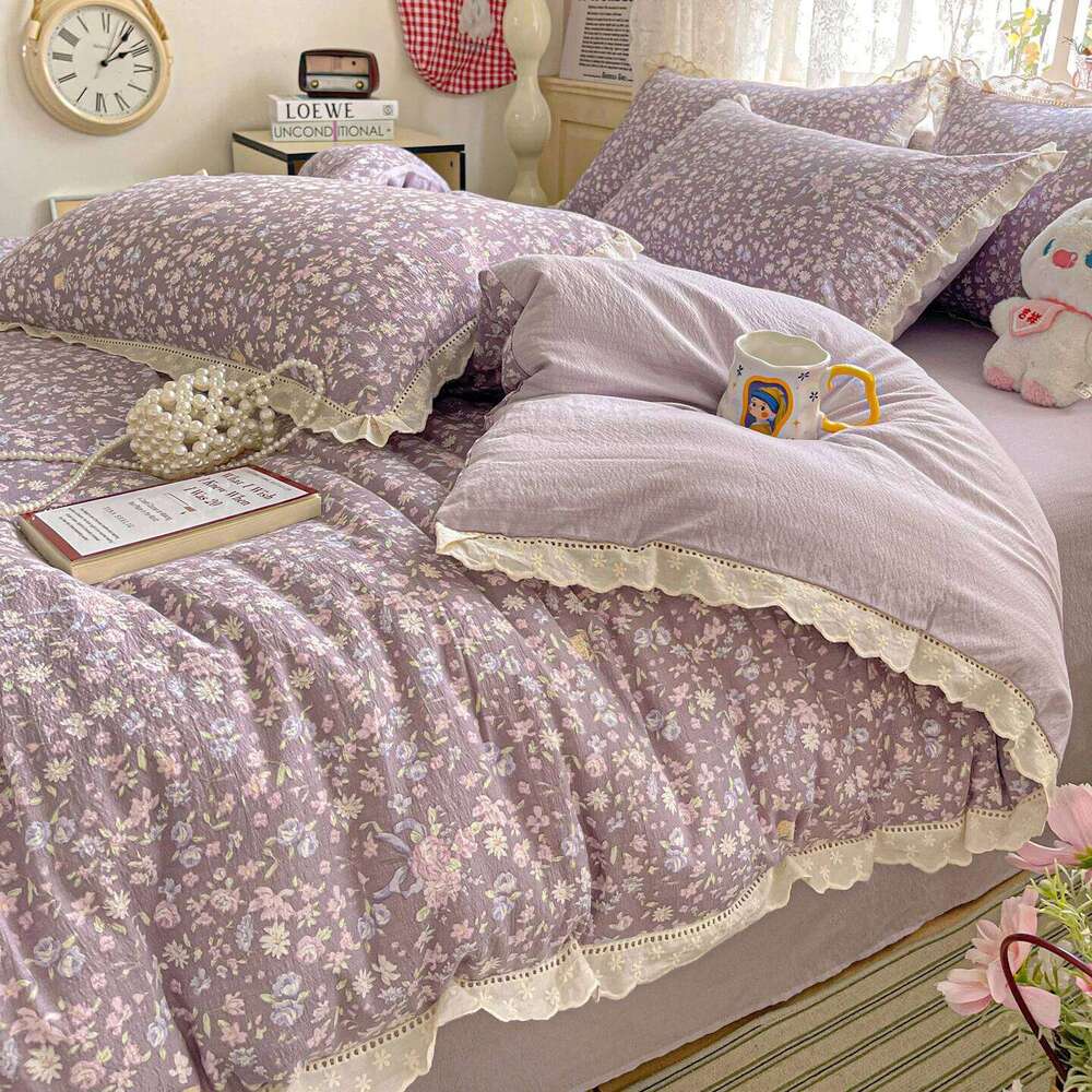 INS Princess Bedding Ruffle Lace Quilt Romantic Bedclothes Woman Girls Home Decor Duvet Cover Set Korean Style Floral H260312