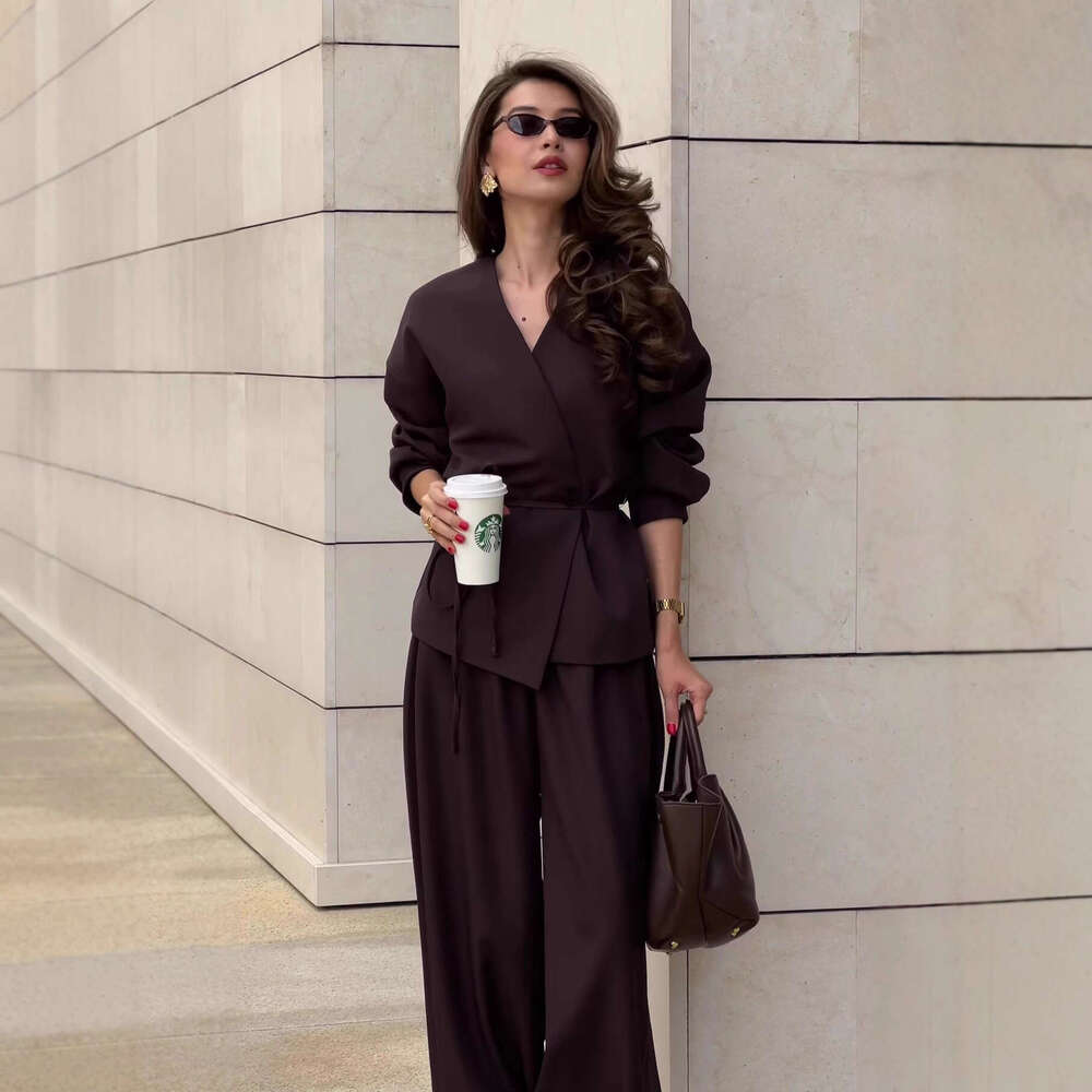 European And American Autumn New Cross Neck Long Sleeve Tie Wide Leg Pants Elegant Women S Set