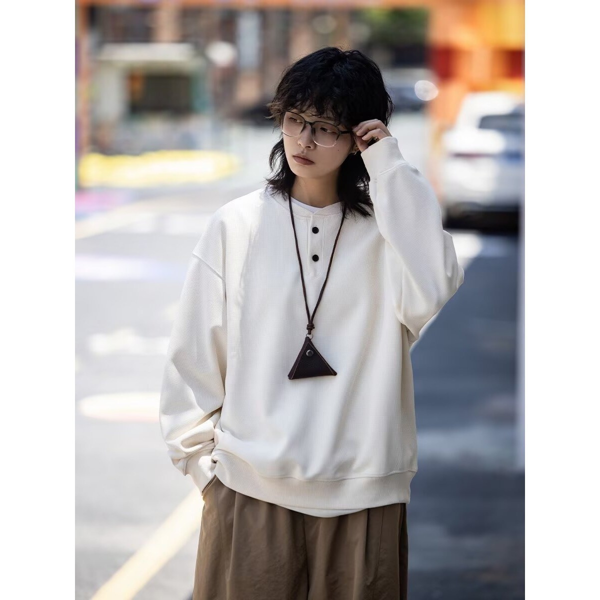Trendy Brand Autumn New Waffle Knit Henley Collar Sweatshirt For Men Solid Color Designer Hoodie Pullover Base T-shirt Top